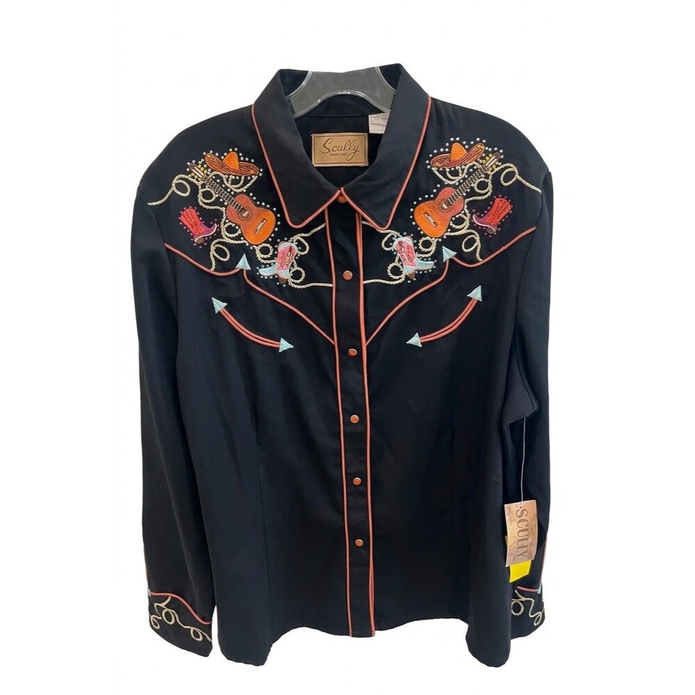 Scully Women's Western Shirt XXL Black Embroidered Boots Guitars Sombreros NWT